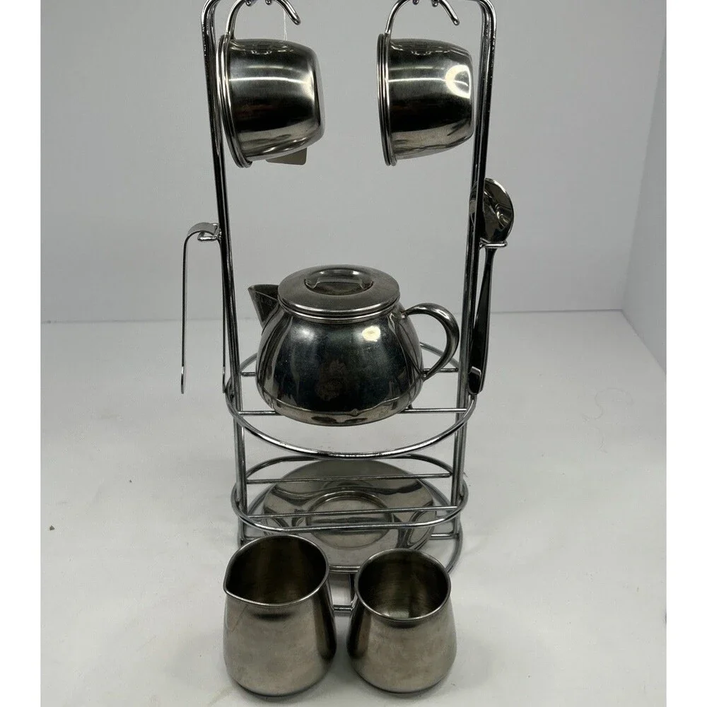 Vintage Polar Ware Stainless Steel Individual Teapot Set with Play Rack & Cups